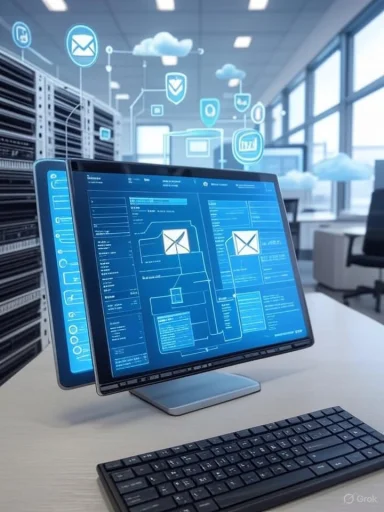 A futuristic workspace showing a dual-monitor setup with digital interface designs for data and email management.