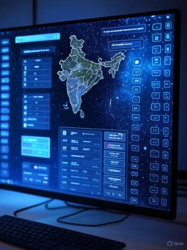A computer screen displays a digital map of India with data, charts, and interface elements in a high-tech, space-themed design. A computer screen displays a digital map of India with data, charts, and interface elements in a high-tech, space-themed design.