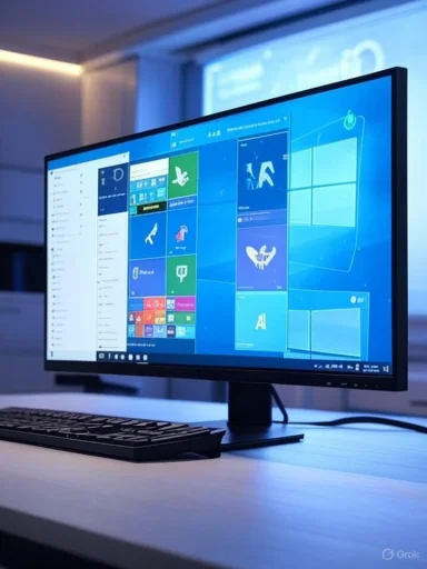 A computer monitor displays a colorful grid of tiles and icons in a modern office setting.