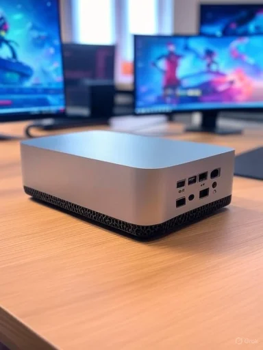 A sleek mini PC with multiple ports is placed on a wooden desk, with multiple computer monitors in the background.