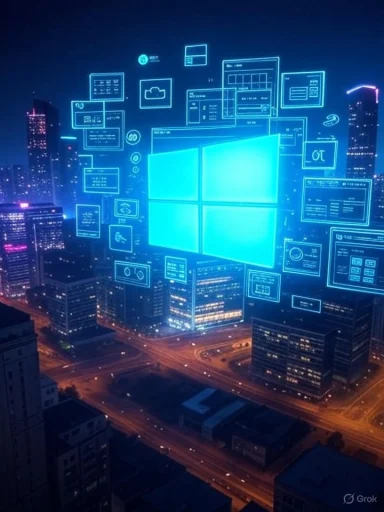 A cityscape illuminated by a large digital hologram of Windows interface elements over skyscrapers at night.