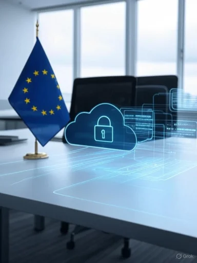 The image depicts a conference room with a European Union flag, a digital hologram of a cloud security icon, and a modern office setting.