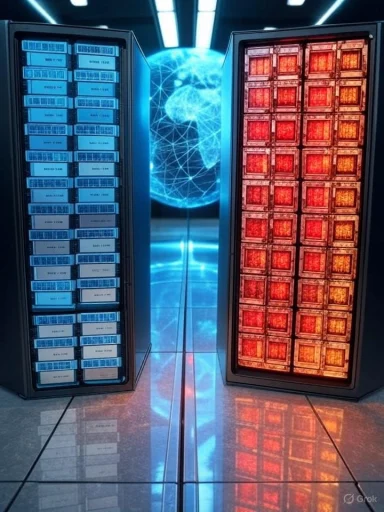 Two server racks, one glowing blue and the other red, stand in front of a holographic display of a digital dog.