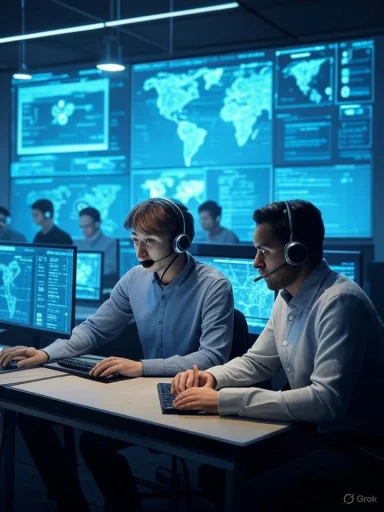 Operators monitor global data in a high-tech control room with multiple screens displaying world maps and analytics.
