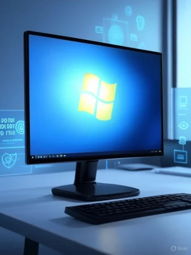 A computer monitor displaying the Windows logo with virtual security and data icons surrounding it.