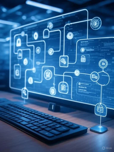 A computer monitor displays a digital security and data flow diagram with interconnected lock and shield icons.