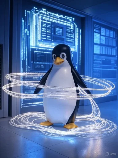 A digital illustration of a penguin surrounded by glowing, swirling light trails in a tech-inspired environment.