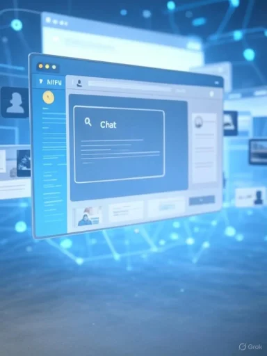 Futuristic digital chat interface with floating screens and glowing connections.