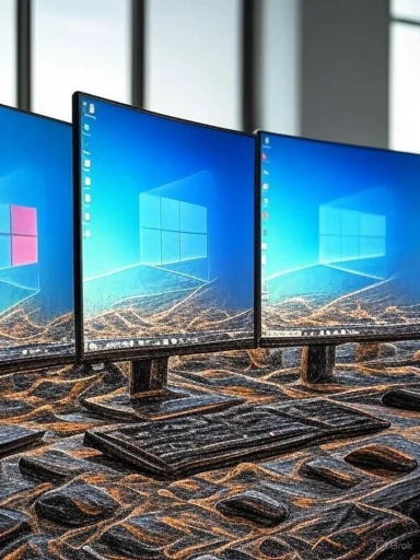 Three curved computer monitors displaying the Windows desktop on a textured, dark, and glossy desk surface.