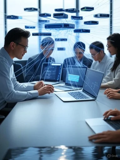 Team of professionals collaborating in a high-tech data-sharing environment with multiple laptops and interconnected devices.