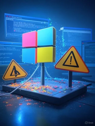 A stylized digital artwork featuring a Windows logo, warning signs, and digital screens, symbolizing cybersecurity or tech issues.