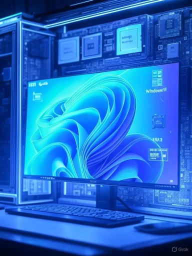 A high-tech server room with illuminated computer components and a glowing monitor displaying a Windows desktop.