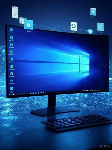 A computer monitor displays the Windows 10 desktop with a keyboard and a digital, connected network background.