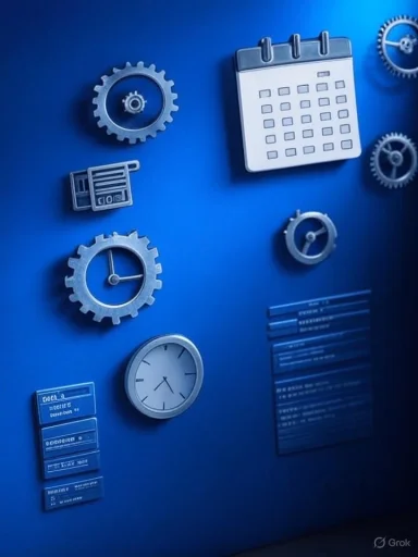 A blue wall features various white clocks, calendars, gears, and time-related icons arranged in a decorative pattern.