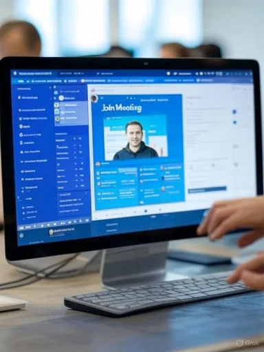 Person joining a virtual meeting on a computer screen titled 'Join Meeting' in a professional environment.