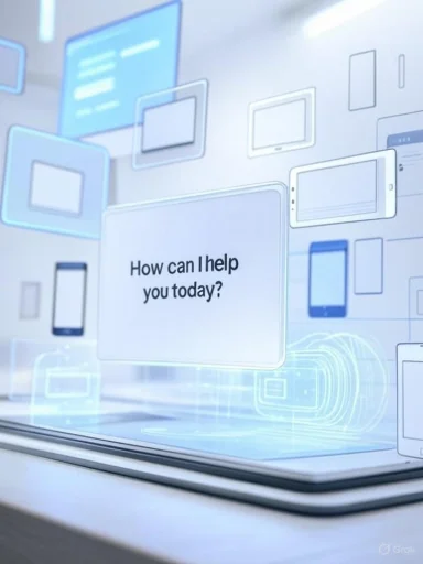 A digital interface displays the message, 'How can I help you today?' surrounded by various floating device icons.