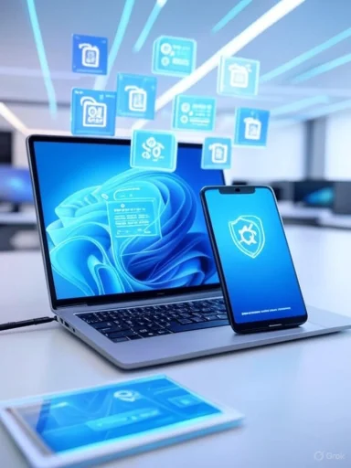A laptop and smartphone display digital security icons and floating app symbols, illustrating cybersecurity technologies.