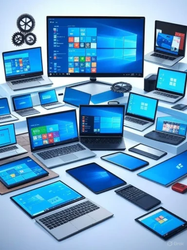 A variety of laptops, tablets, and desktops displaying Windows 10, arranged on a white table.
