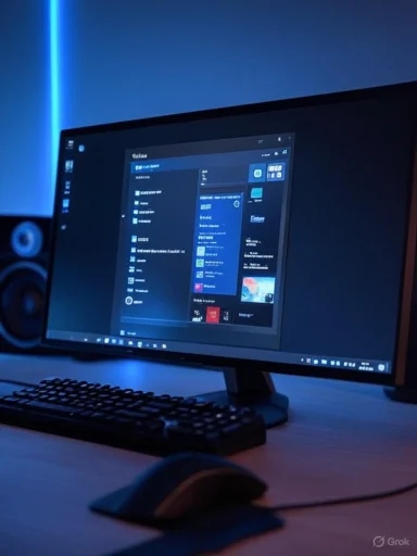 A computer monitor displays a dark-themed interface in a dimly lit room with blue ambient lighting.