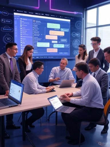 Team of professionals collaborating around a table in a high-tech conference room with digital screens displaying data.