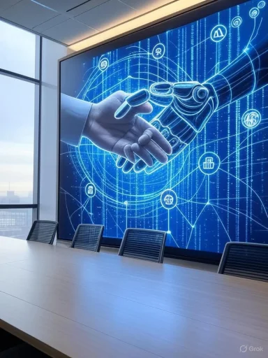 Digital handshake between human and robotic hand displayed on a large screen in a modern conference room. Digital handshake between human and robotic hand displayed on a large screen in a modern conference room.