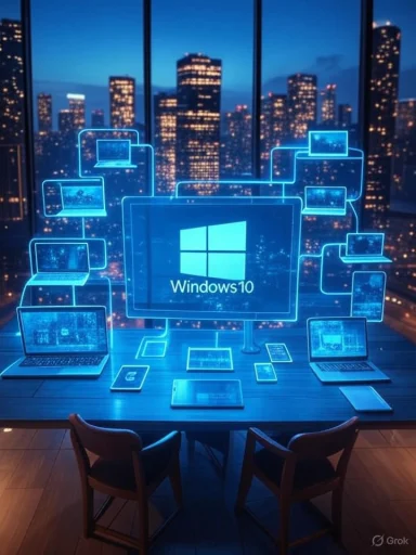 A digital display of Windows 10 and various devices connected, set against a city skyline at night.