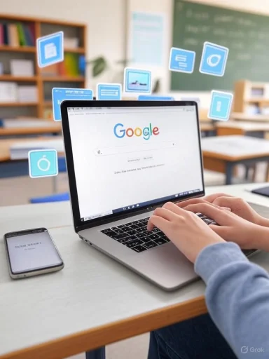 Person typing on a laptop with digital icons floating above, in a classroom setting.