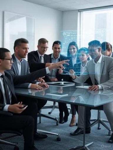 A diverse group of professionals collaborates around a table, examining a digital hologram in a modern office.