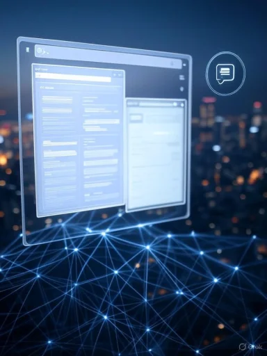 A digital interface displaying emails and messages hovers over a cityscape with interconnected glowing blue lines.