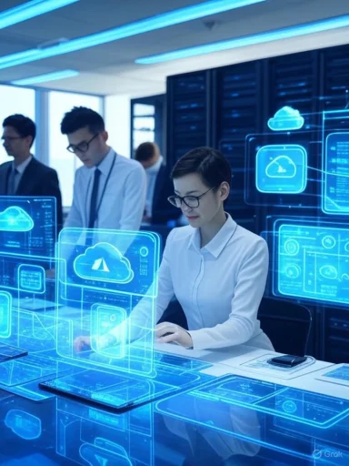 Business professionals working with advanced holographic cloud data visualizations in a high-tech office.