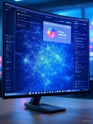 A computer monitor displays a network visualization with interconnected nodes and a colorful pie chart.
