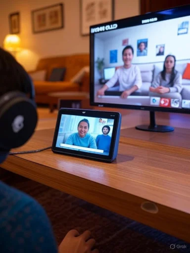 A person using a tablet for a video call with family members displayed on a monitor. A person using a tablet for a video call with family members displayed on a monitor.