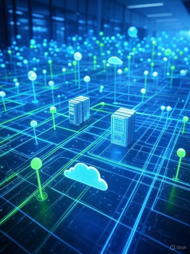 Digital network infrastructure with servers, cloud icons, and data points illuminated in neon blue and green.