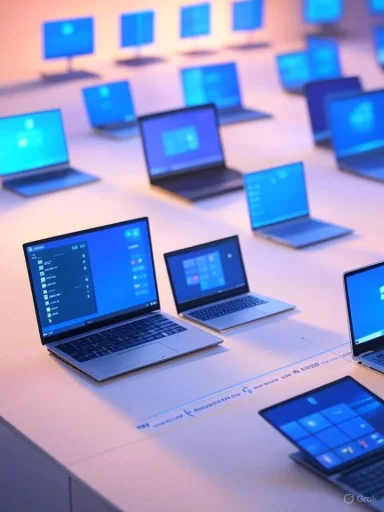 Multiple laptops displaying the Windows desktop are arranged on a white table in a tech display or exhibition.