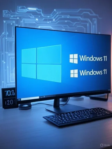 A computer monitor displays Windows 11 logos with a futuristic circuit board background.