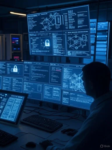 A cybersecurity analyst monitors multiple screens with technical data, diagrams, and security lock icons in a high-tech lab.