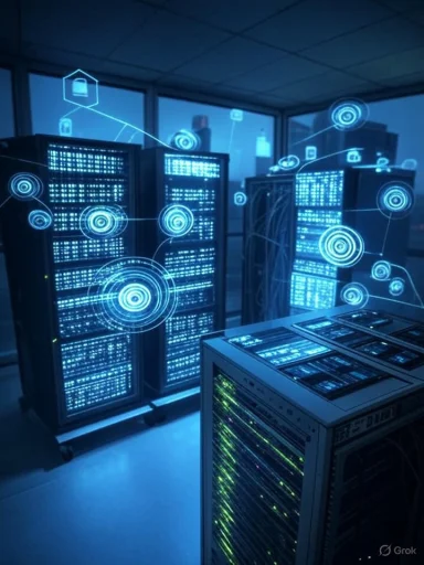 Futuristic data center with glowing servers and digital symbols representing cybersecurity.