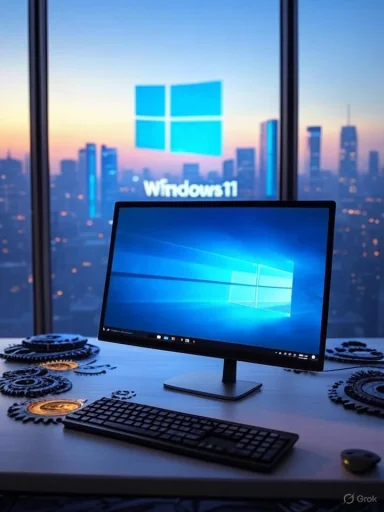 A computer monitor displaying Windows 10 on a desk with gears, set against a city skyline at sunset.