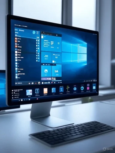 A sleek desktop computer displaying the Windows 10 interface on a clean, modern desk.