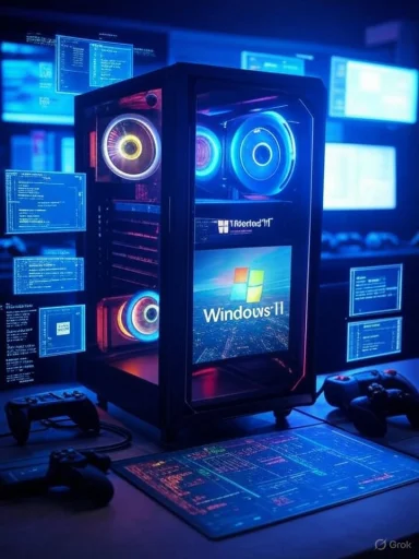 A gaming setup with a Windows 11 PC, dual controllers, colorful RGB lighting, and multiple monitors displaying code and graphics.