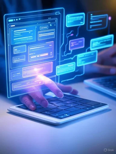 Futuristic digital interface with holographic screens projected from a smartphone, interacting with a hand.
