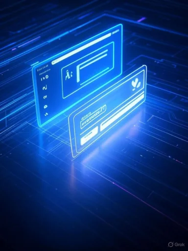 Futuristic holographic computer screens with digital data and icons in a dark, tech-inspired digital environment.