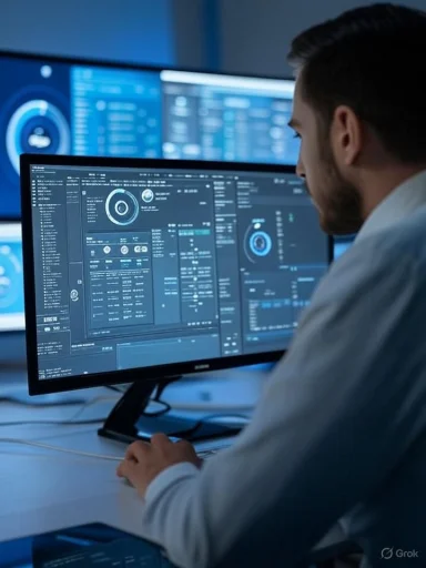 A man analyzing data on multiple computer screens displaying futuristic digital dashboards.