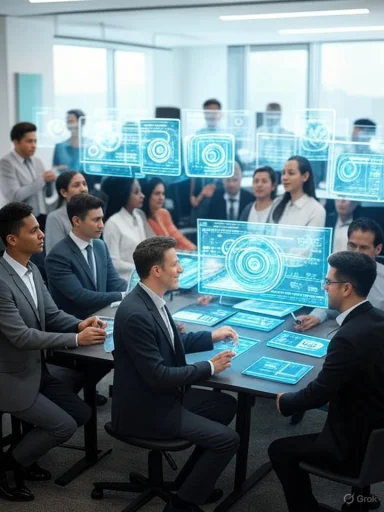 Business professionals engage in a high-tech meeting with holographic digital interfaces and data visualizations.