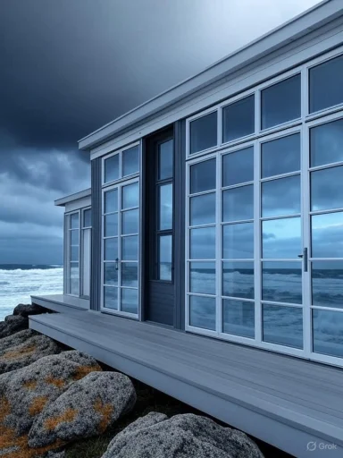 A modern beach house with large glass windows reflects the stormy sky over the ocean. A modern beach house with large glass windows reflects the stormy sky over the ocean.