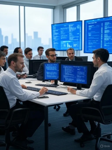 Team of professionals working on cybersecurity or IT development in a modern office with multiple screens displaying code and data.