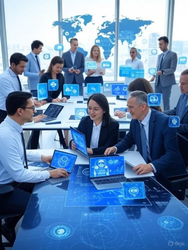 Business team in a high-tech conference room analyzing data with holographic screens and digital devices.