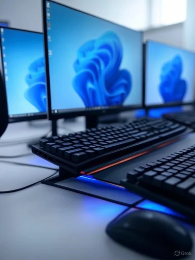 Multiple monitors displaying Windows desktops, with keyboards and a mouse on a white desk.