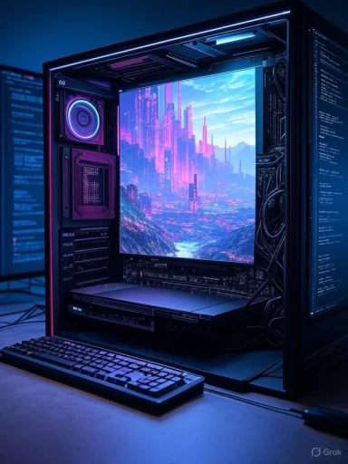A futuristic computer setup with a neon cityscape displayed on the screen, featuring high-tech components and colorful lighting.