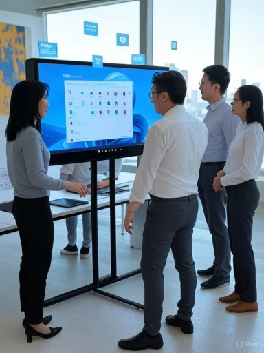 A group of professionals discusses a presentation on a digital screen in a modern office.